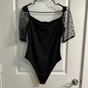 Black body suit with sheer dot sleeves, square neck, 12/14, Never Worn
